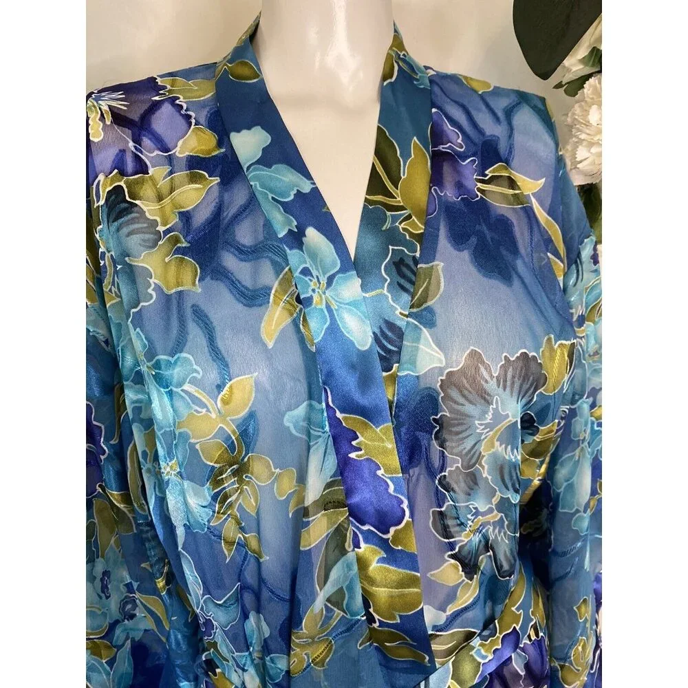 Vintage California Dynasty Blue Semi‎ Sheer Floral Long Robe Medium Pockets EUC